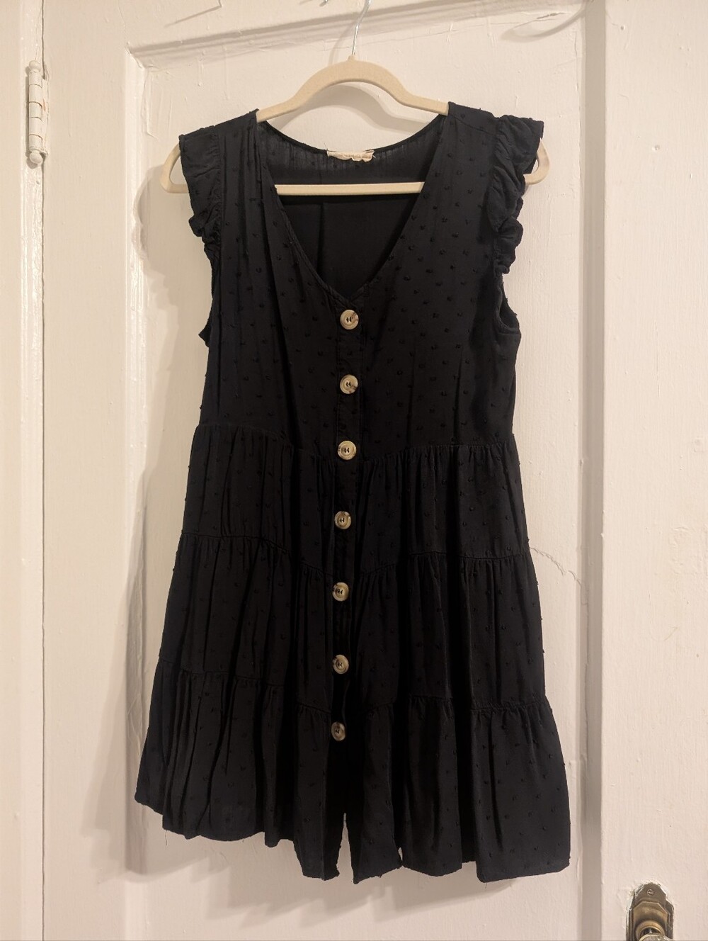 Altar'd State Black Swiss Dot Button Front Ruffle Tiered Mini Dress Size Medium